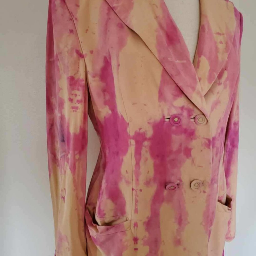 Vintage Gianni Versace silk blazer pink beige tan tie dye painted Med small 4 6 - Picture 5 of 12
